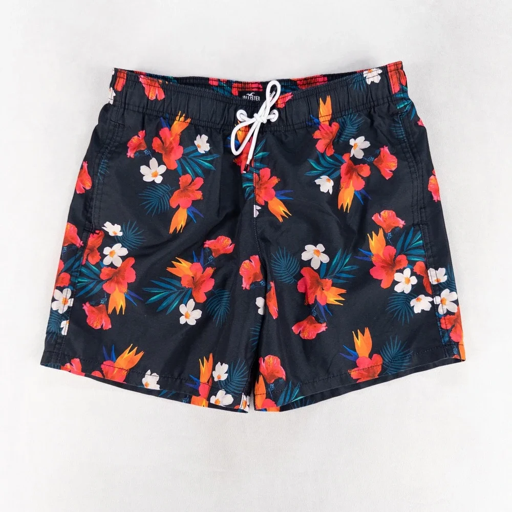 Hollister Mens Swim Trunks Size S Black Tropical Floral Hibiscus Board Shorts